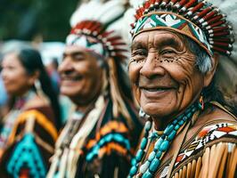 ai generado sonriente nativo indígena personas de EE.UU, nativo americanos vestido en vistoso nativo ropa foto