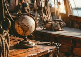 AI generated Old frigate pirate ship adventure with rustic globe navigation explores seas photo