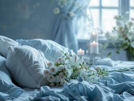 AI generated Romantic bedroom with candles and light, pastel blue colors photo