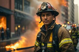 AI Generated Fireman in fireman uniform and first responders extinguish fire in dangerous conditions photo