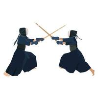 Japanese Kendo fighters battle. Japan armored men opponents fighting, competing with bamboo swords, shinai. Modern Asian martial art. vector