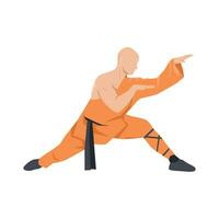 Young man doing kung fu fighting exercise. Energetic shaolin monk. vector