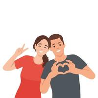 Girl posing peace sign while leaning on her boyfriend's shoulder and man making love sign. Young couple spending time together. vector