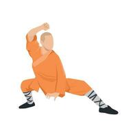 Young man doing kung fu fighting exercise. Energetic shaolin monk. vector