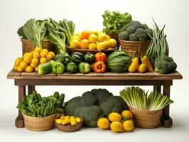 AI generated An Assortment of Fresh Organic Fruits and Vegetables Presented on a White Background photo