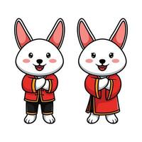 adorable bunnies in festive red kimonos are standing and smiling vector