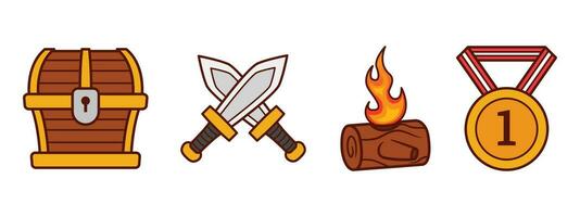 design game elements such as treasure boxes, swords, fire and medals vector