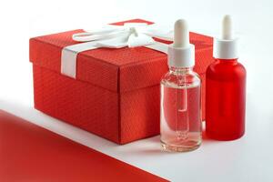 Serum glass bottles with pipette on the white background and red gift box with ribbon bow. Natural Organic Spa Cosmetics. Trendy concept. Present for holidays photo