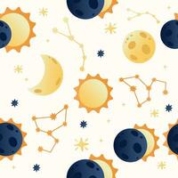 Solar eclipse seamless pattern in flat cartoon style vector