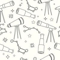 Seamless pattern of outline telescopes in flat cartoon style with stars vector