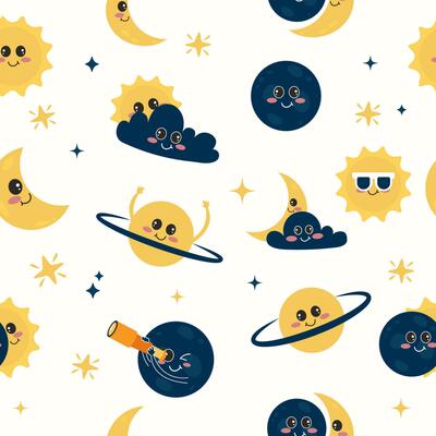 Kawaii solar eclipse seamless pattern in flat cartoon style