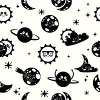 Seamless pattern silhouette kawaii solar eclipse in flat cartoon style vector