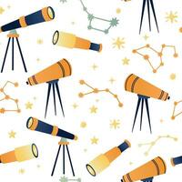 Seamless pattern of telescopes in flat cartoon style with stars vector