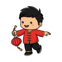 boy celebrating Chinese New Year by holding a lantern vector