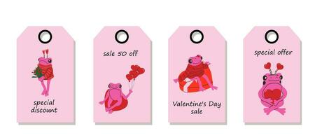 Vector set of discount price tags. Labels with Cute frog with valentines decorations. Valentine's day sale.