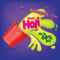 Holi sale special offer template. color splash coming out from bucket. vector