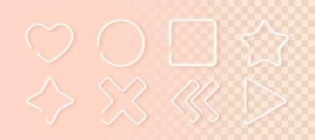 Set of white neon simple geometric shapes for light backgrounds. Collection of glowing frames. Minimal style. Vector illustration