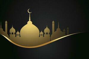 eid mubarak greeting card design with golden crescent and mosque vector