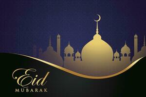 eid mubarak greeting card design with golden crescent and mosque vector