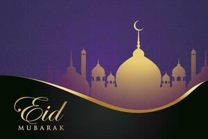 eid mubarak greeting card design with golden crescent and mosque vector