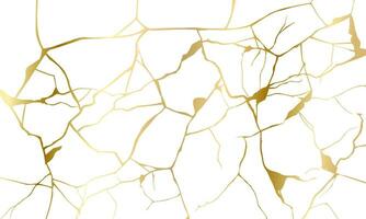 Gold kintsugi repair cracks background texture vector illustration isolated on white background. Broken foil marble pattern with golden dry cracks. Wedding card, cover or print pattern Japanese motif.