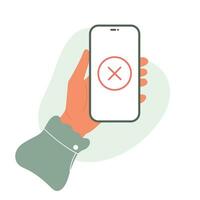 Mobile screen with error payment check mark. Female hand holds phone, online shopping vector