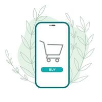 Online shopping via phone. Basket icon on screen. But button for order. Flat vector illustration