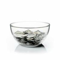 AI generated Glass bowl full of money on a white background with reflection. photo