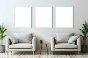 AI generated Modern living room interior with two vertical posters on the wall, photo