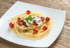 Baked chicken with parmesan and mozzarella photo