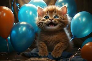 ai generado linda siberiano gatito con vistoso globos en un ligero antecedentes foto