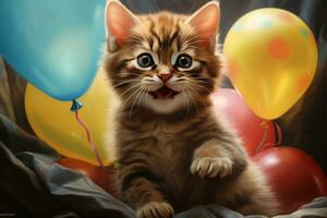 AI Generated Cute little kitten with balloons on dark background, closeup view photo
