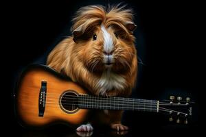 AI Generated Cute guinea pig with acoustic guitar on a black background. photo