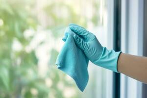 AI generated hand in blue glove cleaning window with microfiber cloth at home photo