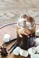 Two mugs of hot chocolate with marshmallows photo