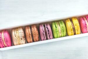 Box of colorful macarons photo