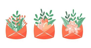 Set of envelopes with flowers and hearts, gift icons. Spring illustration, greeting icons, vector