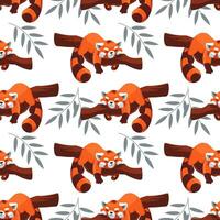 Seamless pattern, funny tired raccoons are sleeping on a tree. Cartoon background, baby wallpaper, vector