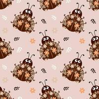 Seamless pattern, cute ladybugs in flowers on a gentle background. Baby background, print, textile, vector