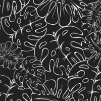 sin costura modelo de contorno tropical monstera hojas en un negro antecedentes. textil, decoración para pastel lino, imprimir, vector