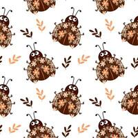 Seamless pattern, cute ladybugs in flowers on a gentle background. Baby background, print, textile, vector