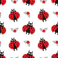 Seamless pattern, cute cartoon ladybugs on a white background. Baby background, print, textile, vector