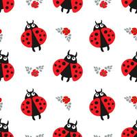 Seamless pattern, cute cartoon ladybugs on a white background. Baby background, print, textile, vector