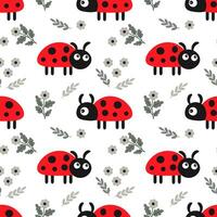 Seamless pattern, cute cartoon ladybugs on a white background. Baby background, print, textile, vector