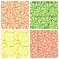Set of seamless patterns, slices of citrus lemons, oranges, grapefruits and limes with overlay. Backgrounds, textiles, vector