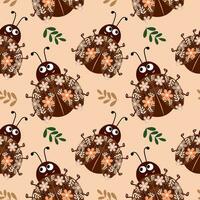 Seamless pattern, cute ladybugs in flowers on a gentle background. Baby background, print, textile, vector