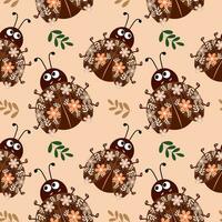 Seamless pattern, cute ladybugs in flowers on a gentle background. Baby background, print, textile, vector