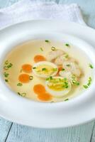 Chicken broth in plate photo