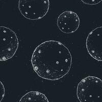 Seamless pattern with full moon in outer space with lunar craters. hand drawn vector illustration on black background.