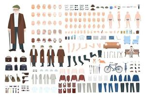 Old man character constructor, creation set. Different grandfather postures, hairstyle, face, legs, hands, clothes, accessories. Vector cartoon illustration. Front, side, back view